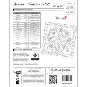 May include: A black and white quilt pattern for a Summer Solstice quilt. The pattern is 60 inches by 60 inches and includes a starburst design. The pattern is titled "Summer Solstice 2018" and includes a list of fabric requirements and fabric colors.