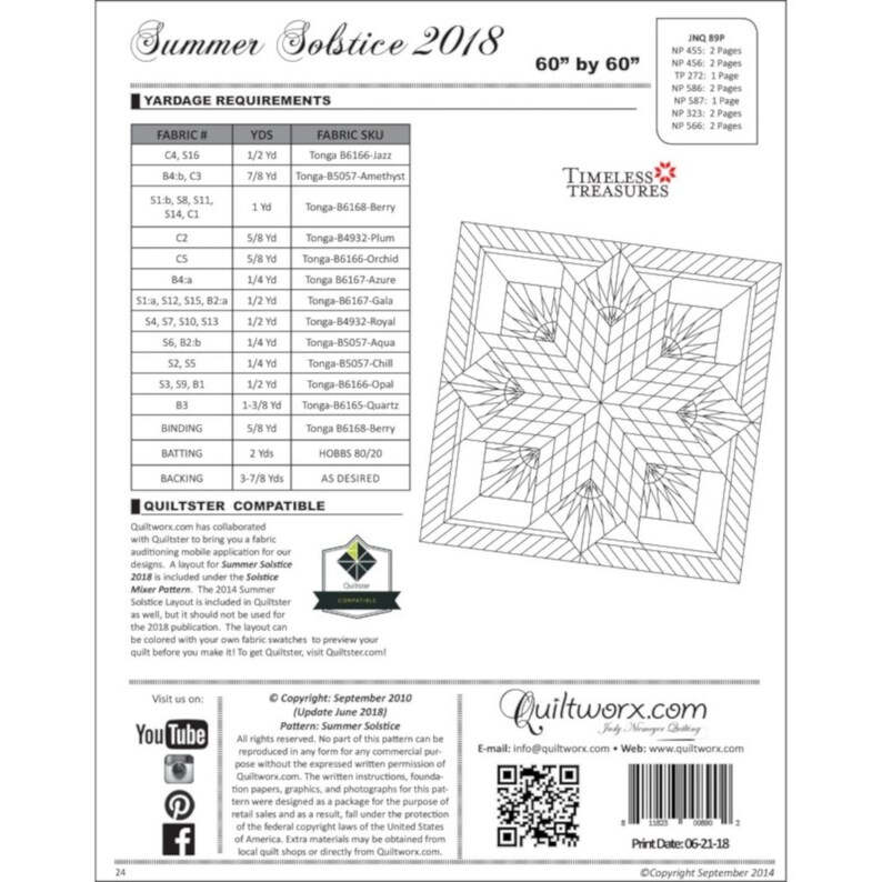 May include: A black and white quilt pattern for a Summer Solstice quilt. The pattern is 60 inches by 60 inches and includes a starburst design. The pattern is titled "Summer Solstice 2018" and includes a list of fabric requirements and fabric colors.