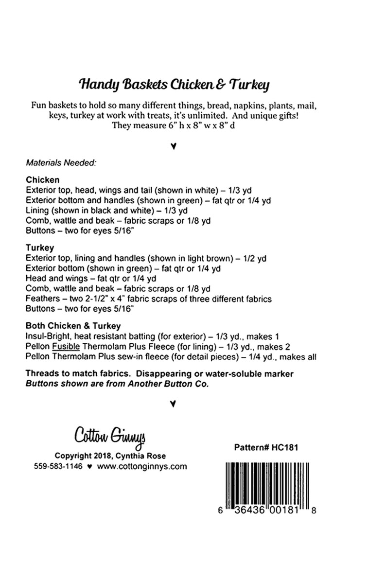 Handy Baskets - Chicken & Turkey *pattern* From: Cotton Ginnys HC181 - Etsy