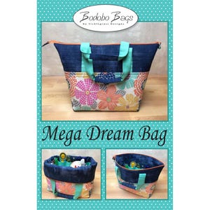 May include: A blue and white tote bag with a floral print and a zipper closure. The bag has two turquoise handles and the text "Bodobo Bags by Ticklegrass Designs" and "Mega Dream Bag" is printed on the image.