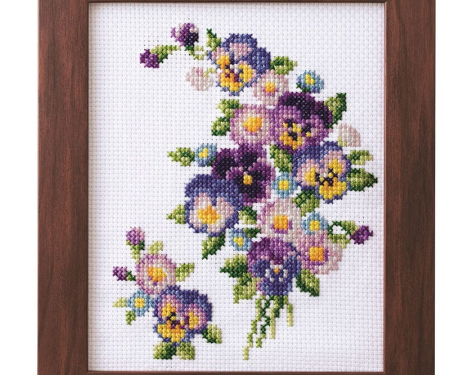 Pansies and Daisies - February *Seasonal Flower Arrangement Cross Stitch* with Wooden Frame By: Cosmo 592302