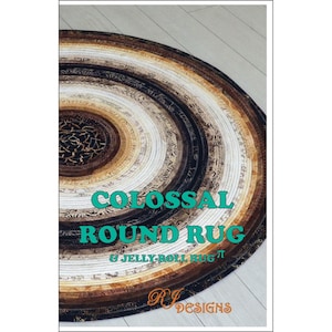May include: A round rug with concentric circles in shades of brown, beige, and black. The rug has a spiral design and the text "COLOSSAL ROUND RUG & JELLY ROLL RUG π" is displayed in the image. The rug is made by RJ Designs.