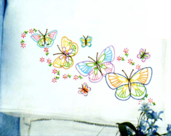Fluttering Butterflies *Pre-Printed Lace Edge Pillowcases for Cross Stitch & Embroidery* By: Jack Dempsey Needle Art 1600-143