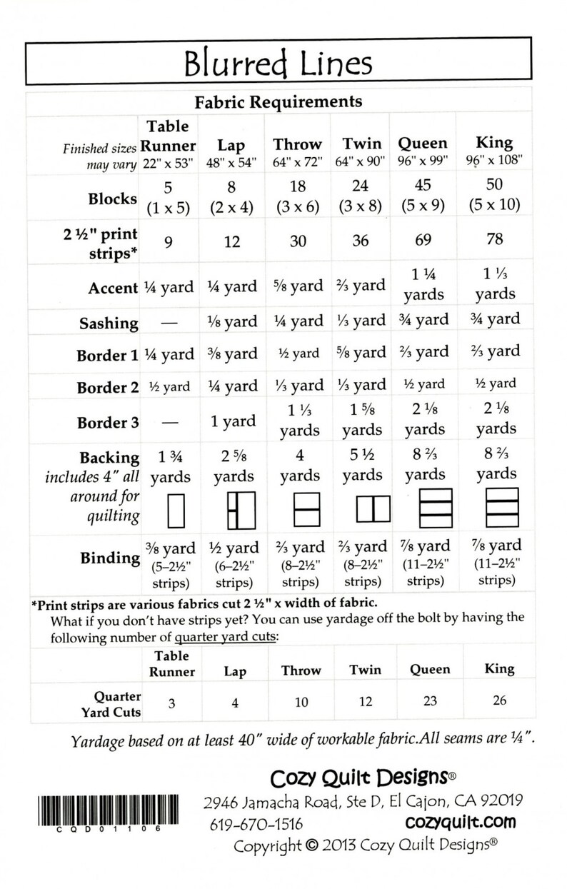 Pode incluir: Tabela detalhada de requisitos de tecido para um projeto de colcha chamado "Blurred Lines". A tabela fornece medidas de tecido para v&aacute;rios tamanhos de colcha, incluindo Table Runner, Lap, Throw, Twin, Queen e King, com a metragem.