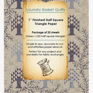 May include: A package of 25 sheets of 1 inch finished half square triangle paper for quilting. The package makes 1,250 half square triangles. The paper is perfect for any quilting project and is ideal for fabric exchanges. The package is labeled "Laundry Basket Quilts" and has a barcode.