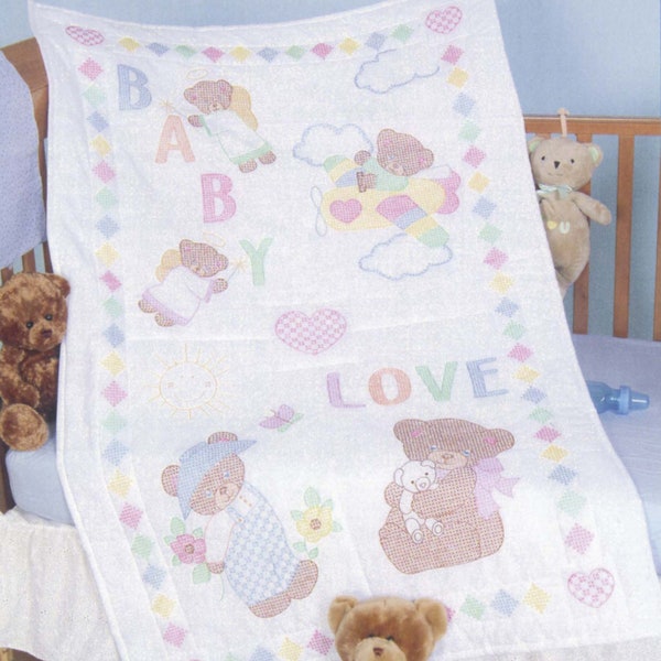 Baby Loves Bears Crib Quilt Top *Stamped Cross Stitch + Embroidery Design* From: Jack Dempsey Inc 4060-93