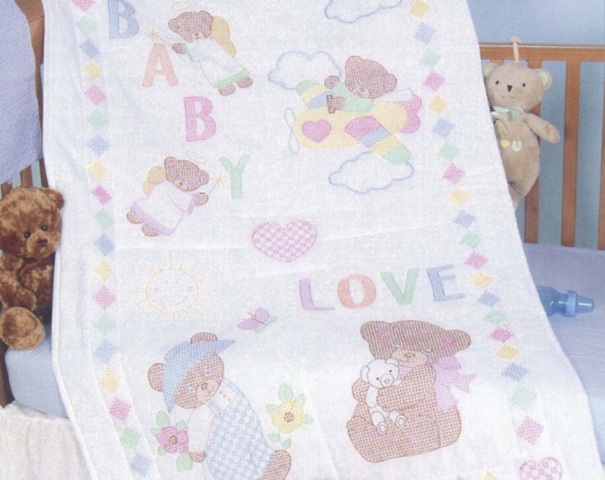 Baby Loves Bears Crib Quilt Top *Stamped Cross Stitch + Embroidery Design* From: Jack Dempsey Inc 4060-93