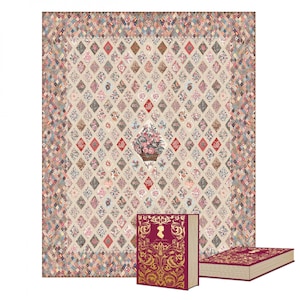 May include: A quilt with a diamond pattern and floral designs in shades of pink, red, and gray. The quilt is surrounded by a border of smaller squares. A book with a red cover and gold accents is in the foreground. The book has the title "Jane Austen" on the cover.