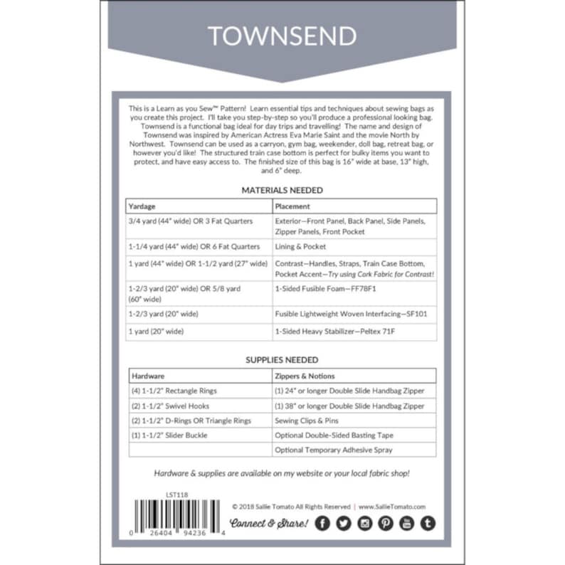 K&ouml;nnte beinhalten: Ein Schnittmuster f&uuml;r eine Townsend-Tasche, eine strukturierte Tragetasche mit einem Kofferboden. Das Schnittmuster enth&auml;lt Anweisungen zum N&auml;hen einer 41 cm breiten, 33 cm hohen und 15 cm tiefen Tasche. Das Schnittmuster enth&auml;lt eine Material- und eine Zubeh&ouml;rliste.