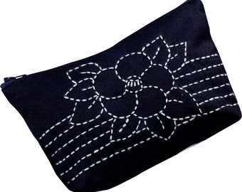 Sashiko Zipper Pouch *Flower Only* *Complete Kit- Includes Fabric, Thread, Needle* From: Olympus  For Emma Creation