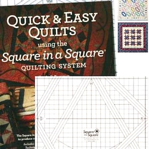 May include: A book titled "Quick & Easy Quilts using the Square in a Square Quilting System" with a red, brown, and white quilt pattern on the cover. The book is open to a page showing a quilting pattern with a grid and lines.