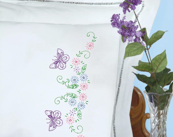 Vintage Butterflies and Flowers *Pre-Printed Perle Edge Pillowcases for Cross Stitch & Embroidery* By: Jack Dempsey Needle Art 1600-593
