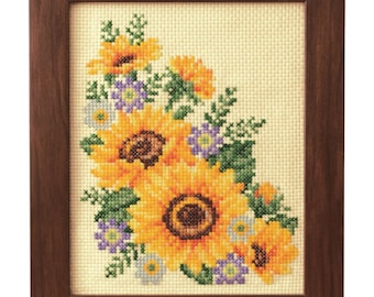 Sunflower and Aster - July *Seasonal Flower Arrangement Cross Stitch* with Wooden Frame By: Cosmo 592307