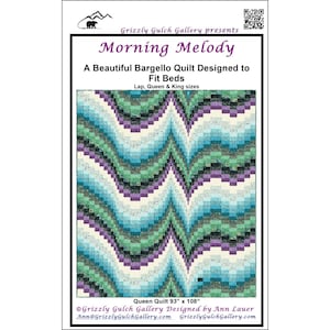 May include: A quilt pattern called "Morning Melody" designed by Grizzly Gulch Gallery. The pattern features a colorful bargello design in shades of blue, green, purple, and white. The quilt is available in lap, queen, and king sizes. The queen size measures 93 inches by 108 inches.