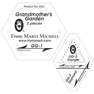 May include: Two clear plastic quilting templates for Grandmother's Garden, product number 8351. The templates are labeled GG-1, GG-2 Diamond, and GG-3 Triangle. The templates are made in the USA.