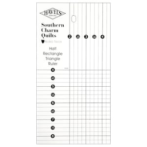 May include: A white quilting ruler with black markings and text. The ruler features the Havel's Sewing logo, the text "Southern Charm Quilts," and measurements from 2 to 8 inches. It is designed for half rectangle triangle quilting.