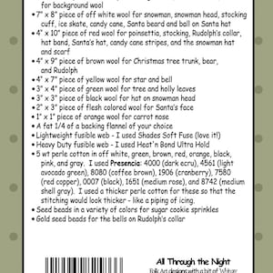 May include: A list of materials and instructions for making felt Christmas ornaments. The list includes wool in various colors, including tan, white, red, brown, green, yellow, black, orange, and gray. It also includes perle cotton in various colors, fusible web, and seed beads. The text includes the title "Sugar Cookie Ornaments" and the phrase "All Through the Night".