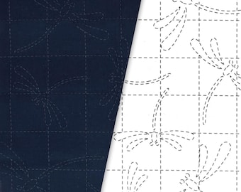 Sashiko Sampler-Red Dragonfly - Navy - Japanese made - Hand Printed Cloth 13" X 13"  - English & Japanese Instructions