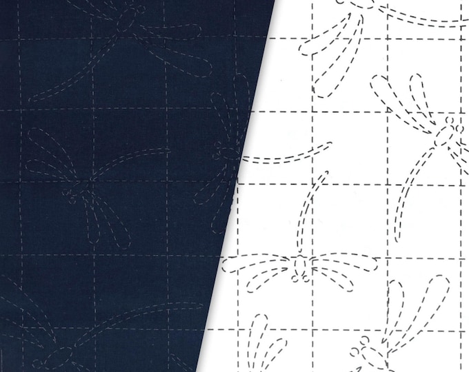Sashiko Sampler-Red Dragonfly - Navy - Japanese made - Hand Printed Cloth 13" X 13"  - English & Japanese Instructions