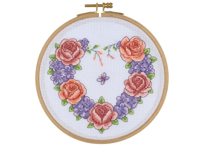 Heart Roses Cross Stitch Kit with Wooden Hoop  Code: BCS01