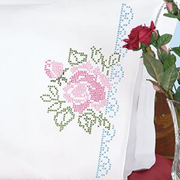 XX Rose *Pre-Printed Perle Edge Pillowcases for Cross Stitch & Embroidery* By: Jack Dempsey Needle Art 1600-386