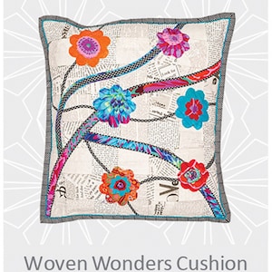 May include: A cushion with a woven design featuring colorful flowers on a white background with a newspaper print. The cushion is 20 inches by 20 inches or 50.8 centimeters by 50.8 centimeters. The text "Woven Wonders Cushion" is at the bottom of the image.