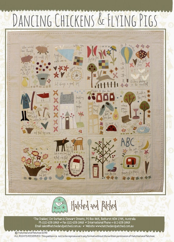 Dancing Chickens & Flying Pigs *Folk Art Applique and Hand-Embroidery Quilt  - Sewing Pattern* From: Hatched and Patched