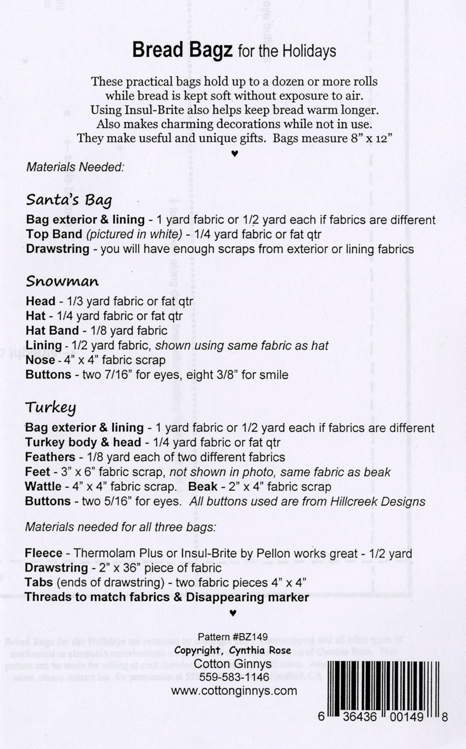 BREAD BAGZ for the Holidays Bag Pattern by Cotton Ginnys - BZ149 - Etsy