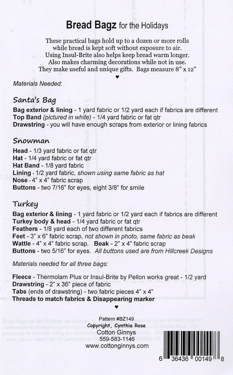 BREAD BAGZ for the Holidays Bag Pattern by Cotton Ginnys - BZ149 - Etsy