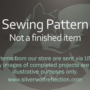 May include: Sewing pattern for a project. The text "Sewing Pattern Not a finished item" is displayed on a gray background with a wolf silhouette.