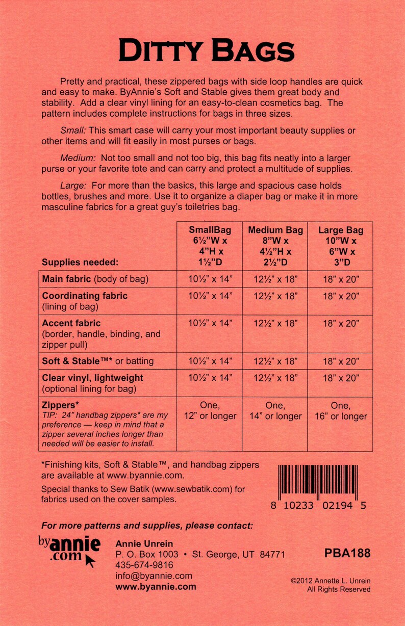 DITTY BAGS A Zippered Bag Pattern By Annie PBA188 Etsy