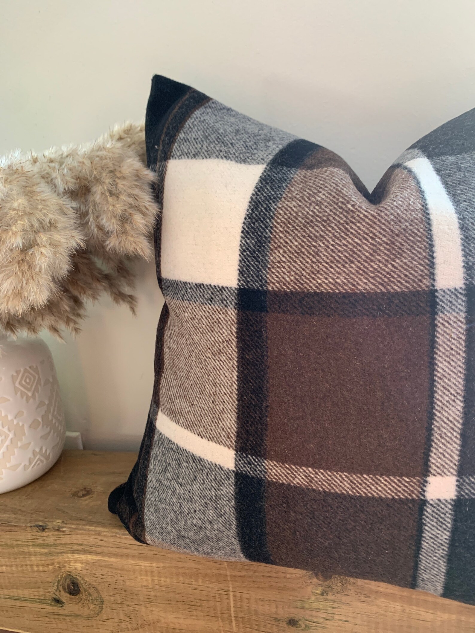 Wool blend neutral brown plaid pillow cover 18x18 Etsy