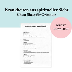 Illnesses from a spiritual perspective | Grimouir | Cheat Sheet | PDF | Instant Download | to print