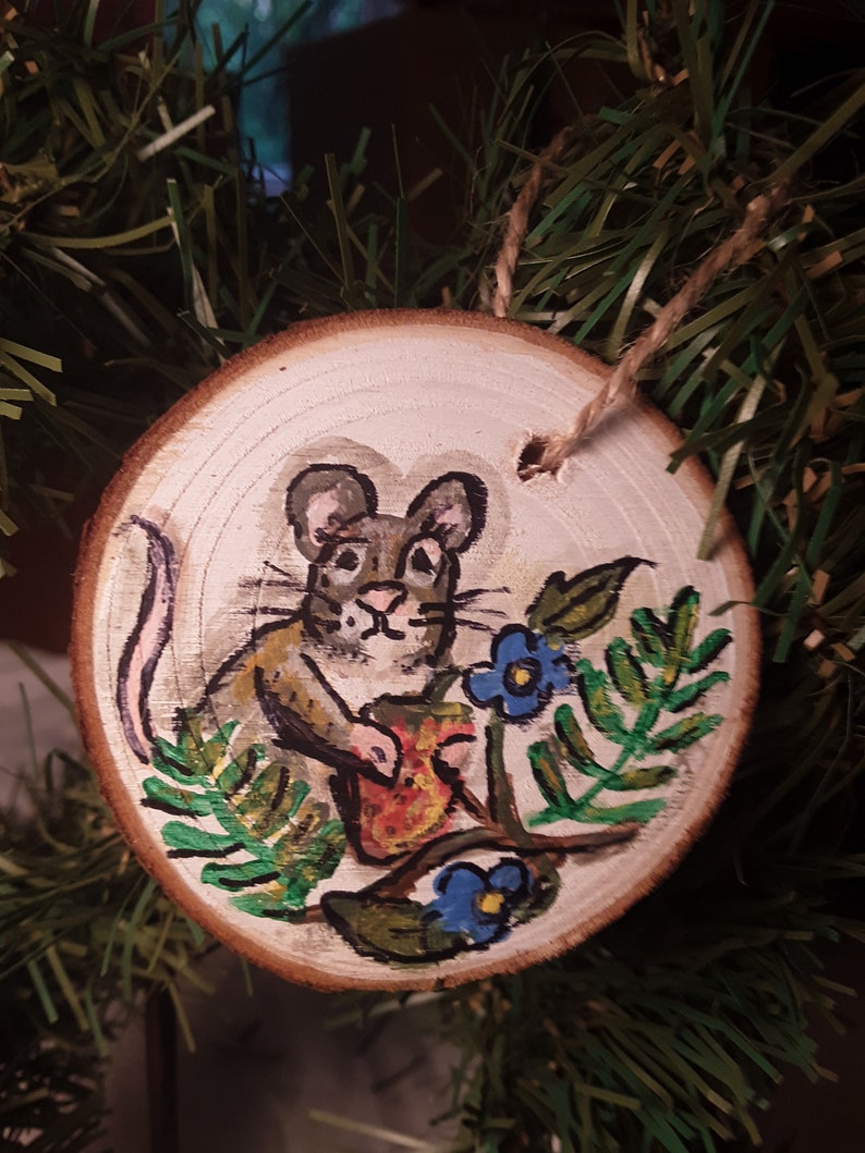 Hand painted field mouse with berry on wood slice ornament