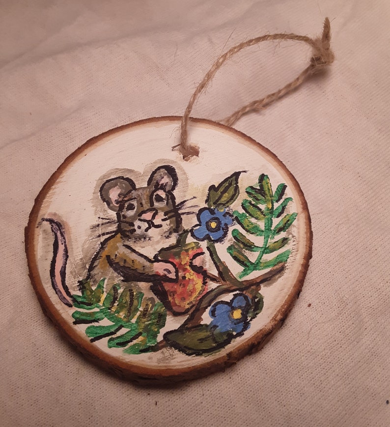 Hand painted field mouse with berry on wood slice ornament