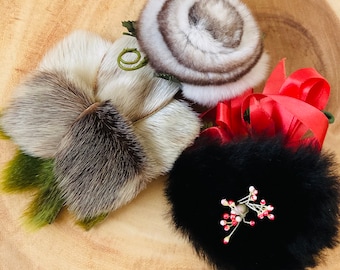 Alaskan made fur pins, Alaskan fur Brooches