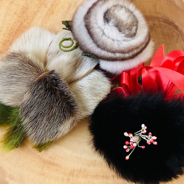 Alaskan made fur pins, Alaskan fur Brooches