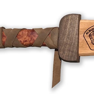 May include: A wooden sword with a dark brown handle and a light brown blade. The handle is wrapped in brown leather. The blade has the Albuquerque Police logo and text.