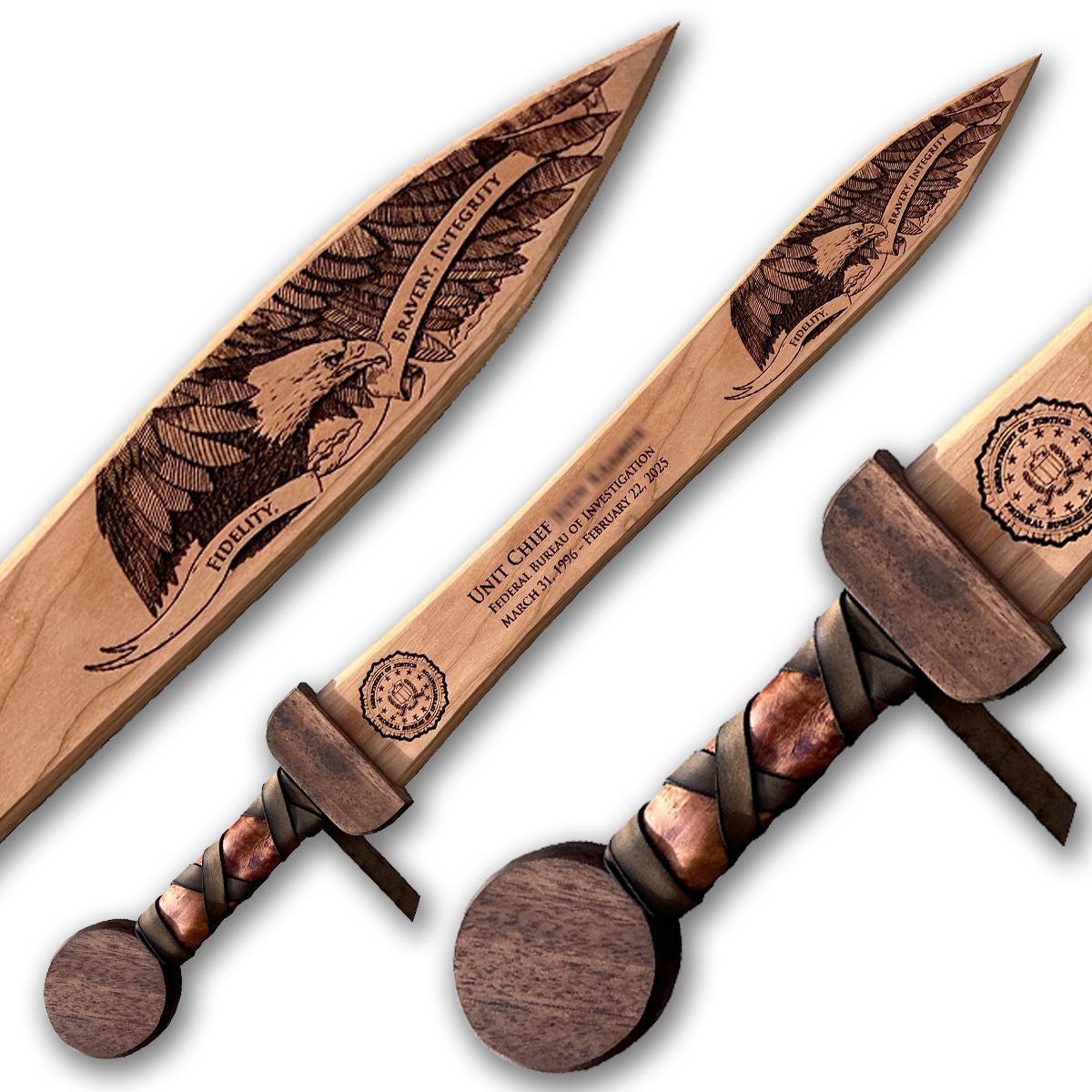 Custom Roman Gladius Wooden Rudis Sword - Banner Eagle Design - Made in the USA!