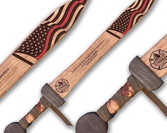 Custom Gladius Wooden Rudis Sword - Fire Department - Thin Red Line - Made in the USA!