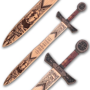 May include: A wooden sword with a brown handle and a black metal guard. The blade is engraved with a knight in armor and the words "I AM THE BREAD OF LIFE." The sword is a decorative item and is not intended for use as a weapon.