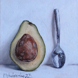 Avocado Oil Painting, Avocado Still Life, Fruit Still Life, Original Small Kitchen Art, Fruit Art, Avocado Art Gift, fruit painting 6x6 inch