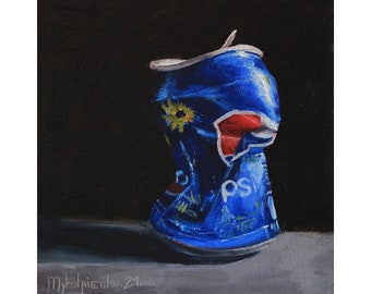 Pintura al óleo de Pepsi, Bodegón de soda, Arte original de lata de Pepsi triturada, Arte de Pepsi Cola, Bebida gaseosa, Pintura de Coca-Cola Arte de cocina, Arte diminuto 6x6 en