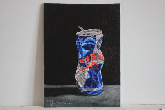Red Bull Oil Painting Crushed Red Bull Can Original Art Etsy