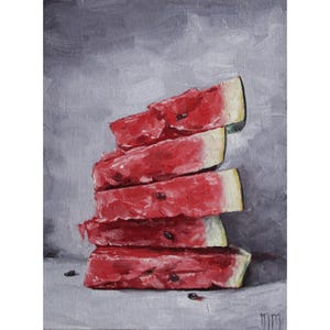 Watermelon Oil Painting, Watermelon Still Life Art, Melon Slices Kitchen Art, Small Original Art, Berry Kitchen Gift, Fruit still life 6x8in