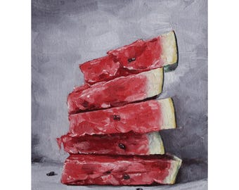 Watermelon Oil Painting, Watermelon Still Life Art, Melon Slices Kitchen Art, Small Original Art, Berry Kitchen Gift, Fruit still life 6x8in