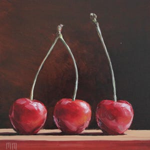 Cherry Still Life Painting, Sweet cherry oil painting, ORIGINAL art, Fruit still life, Cherry art, Small fruit painting, kitchen art, 6x6 in