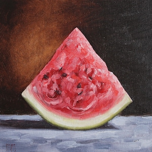 Watermelon Oil Painting, Watermelon Still Life Art, Melon Slice Kitchen Art, Small Original Art, Berry Kitchen Gift, Fruit still life, 8x8in