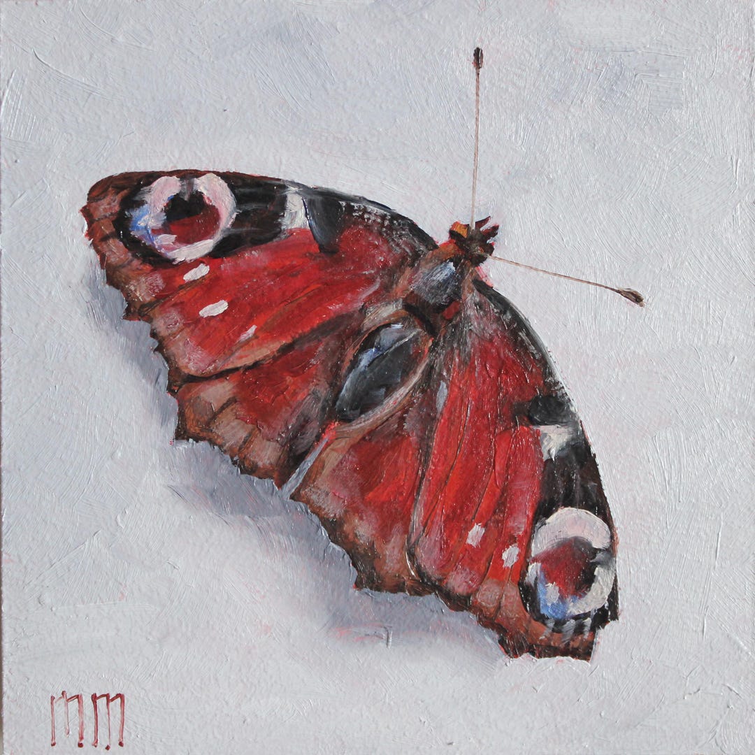 Red Butterfly Mini Oil Painting - Peacock Eye Butterfly Art - 4x4 Inch ...