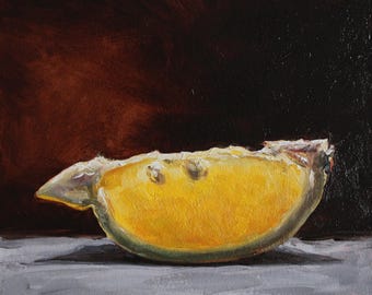 Citroenstilleven, citroenolieverfschilderij, fruitstilleven, fruitkunst, fruitschilderij, schijfje citroen, keukenkunst, kleine kunstwerken originele kunst 6 x 6"